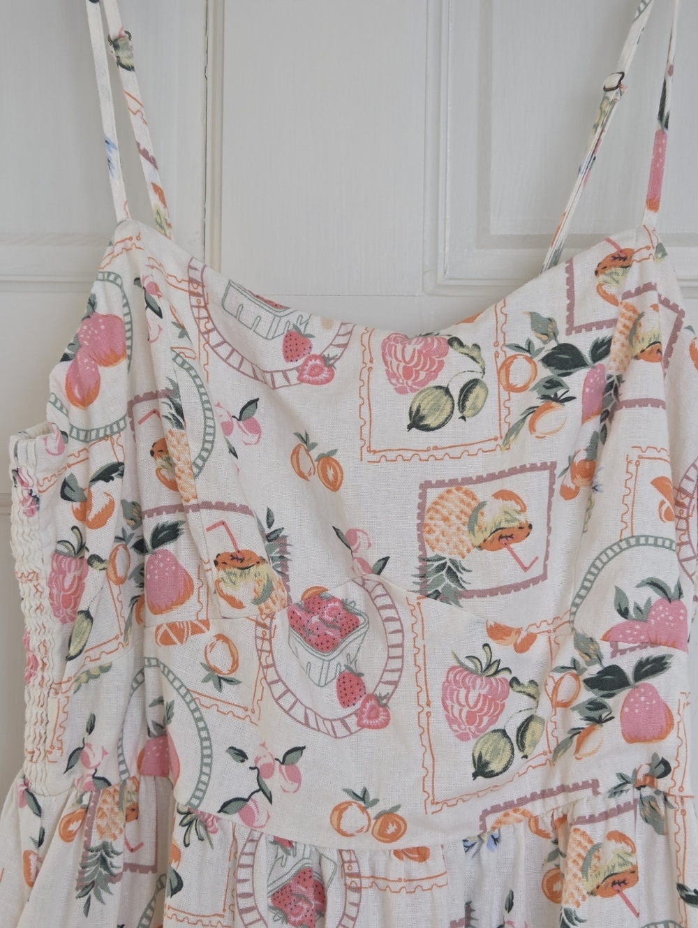 NWOT Linen Blend Fruit Print Tiered Midi Dress with Pockets L - Picture 7 of 13